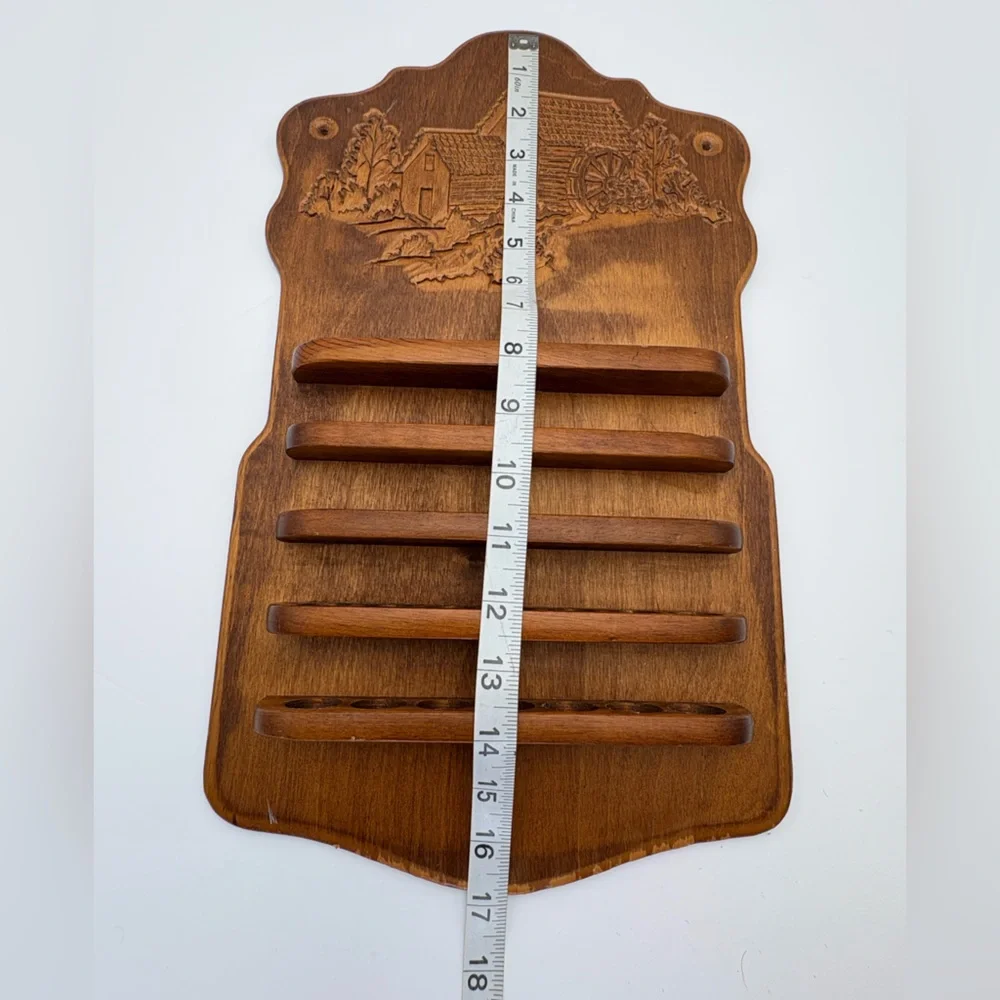 Vintage Wooden Thimble Rack Display with Carved Water Wheel Mill Design